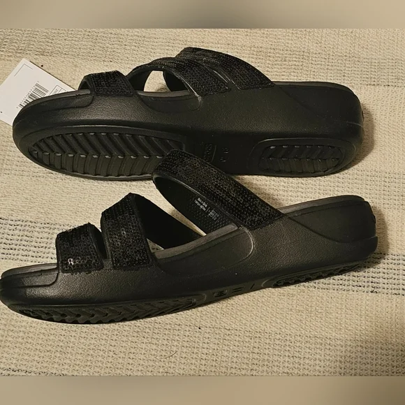 Crocs Women's Boca Sequins Strappy Wedge Sandals, Black Size 8. Brand New - Picture 4 of 10